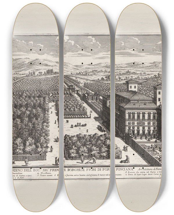 Triptych art skateboard deck of Giovanni Battista Falda Li Giardini Di Roma Con Le Loro Piante Alzate E Vedvte In Prospettiva Pl14 by Giovanni Battista Falda (1643-1678)