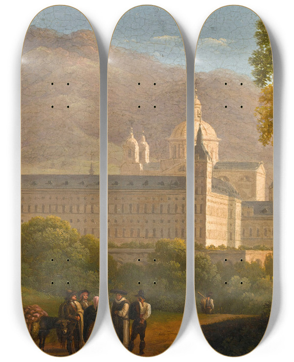 Triptych art skateboard deck of Giuseppe Canella The Escorial by Giuseppe Canella (1788-1847)