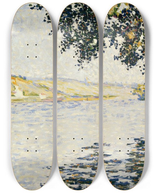 Triptych art skateboard deck of Paul Signac View Of The Seine At Herblay by Paul Signac (1863-1935)