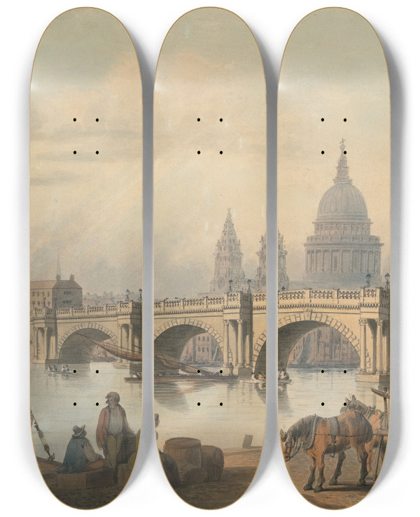 Triptych art skateboard deck of Francis Nicholson Blackfriars Bridge And St Pauls by Francis Nicholson (1753-1844)