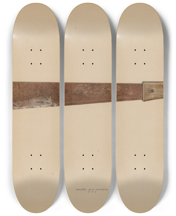 Triptych art skateboard deck of Walter Praefke Corn Knife by Walter Praefke