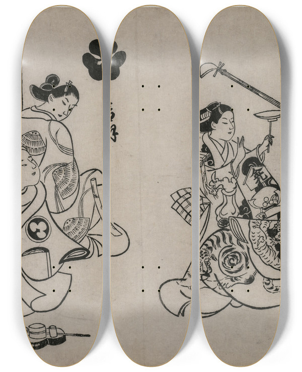 Triptych art skateboard deck of Okumura Masanobu Three Courtesans With A Client by Okumura Masanobu (1686-1764)