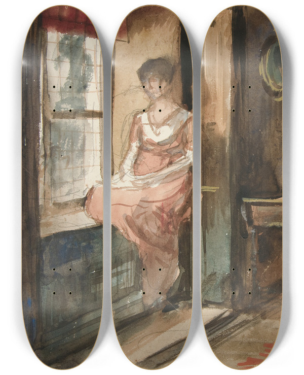 Triptych art skateboard deck of Edwin Austin Abbey Sketch Of Figures In An Interior by Edwin Austin Abbey (1852-1911)