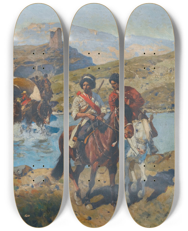 Triptych art skateboard deck of Franz Roubaud Cossacks Crossing A Ford by Franz Roubaud (1856-1928)