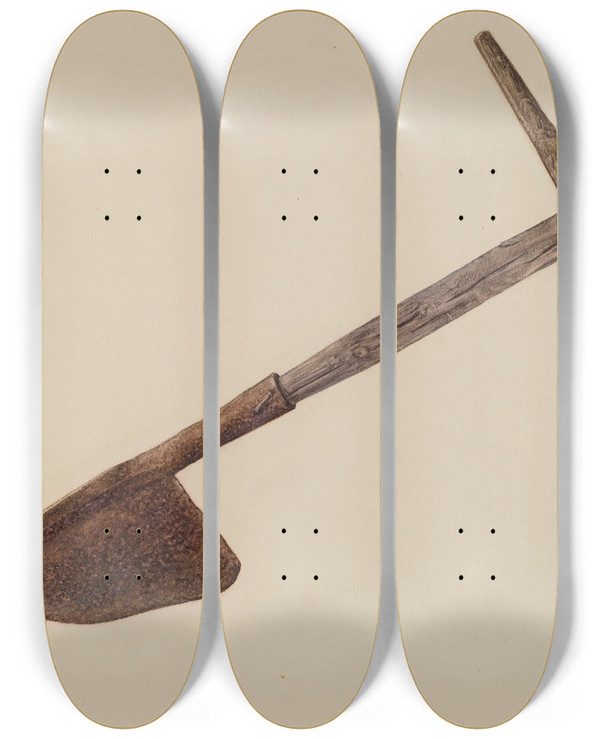 Triptych art skateboard deck of Herman O Stroh Hay Knife by Herman O Stroh