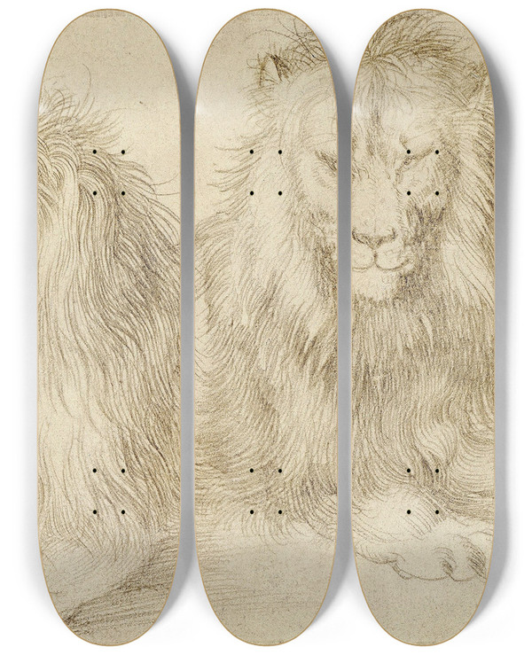 Triptych art skateboard deck of Albrecht Drer Two Seated Lion by Albrecht Durer (1471-1528)
