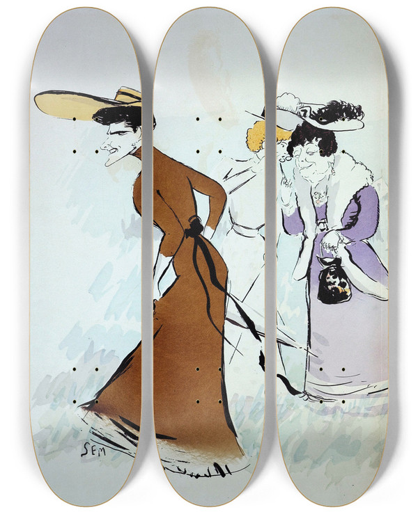 Triptych art skateboard deck of Georges Goursat Sem Cinq Coquettes Sur La Pelouse by Georges Goursat (Sem) (1863-1934)