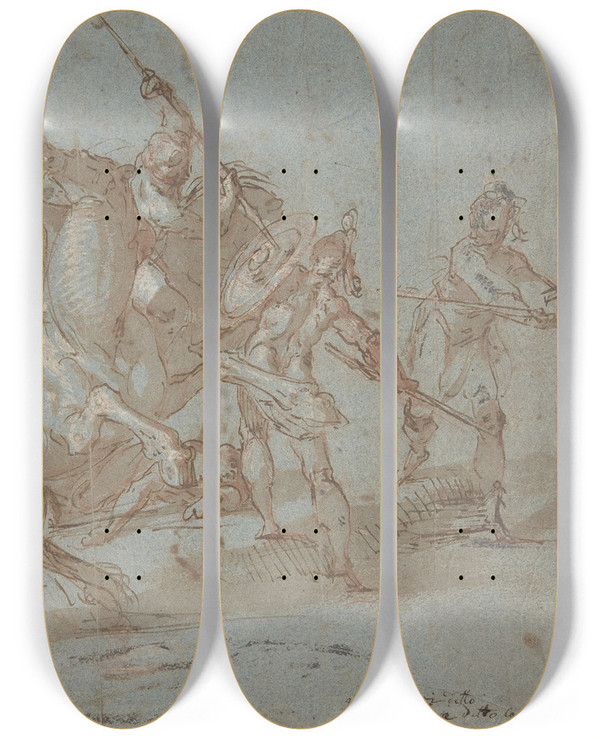 Triptych art skateboard deck of Bartholomaeus Spranger Classical Battle Scene by Bartholomaeus Spranger (1546-1611)