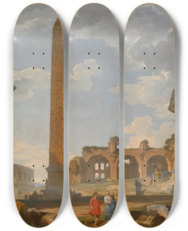 Triptych art skateboard deck of Giovanni Paolo Panini A Capriccio View Of Rome With Ancient Ruins And The Flaminian Obelisk by Giovanni Paolo Panini (1691-1765)