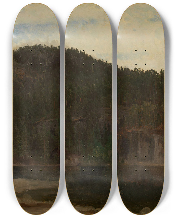 Triptych art skateboard deck of August Cappelen Landscape Study With A Lake_2 by August Cappelen (1827-1852)