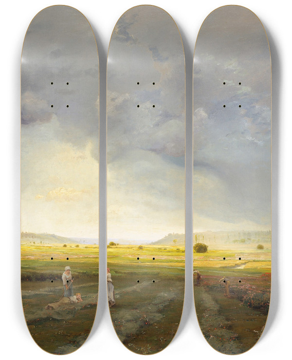 Triptych art skateboard deck of Antoine Chintreuil The Rain Shower by Antoine Chintreuil (1814-1873)