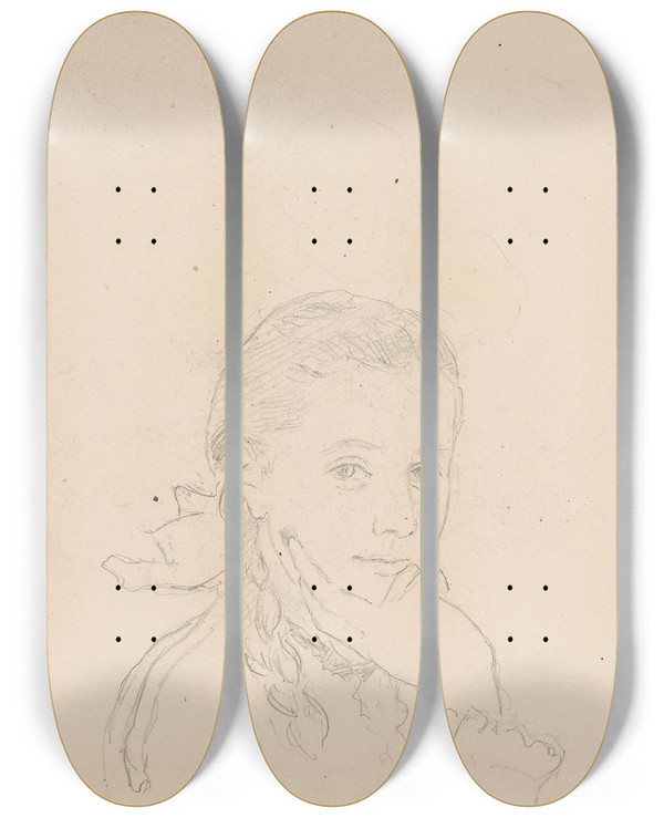 Triptych art skateboard deck of Hans Gude Portrait Of Young Woman by Hans Gude (1825-1903)