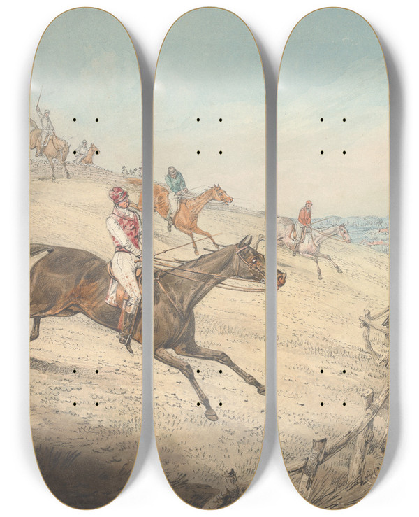 Triptych art skateboard deck of Henry Thomas Alken Steeplechasing The Field Taking A Low Rail And A Brook by Henry Thomas Alken (1785-1851)