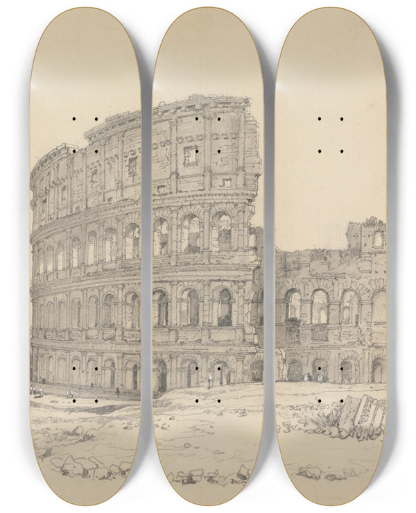 Triptych art skateboard deck of Samuel Prout The Colosseum Rome by Samuel Prout (1783-1852)