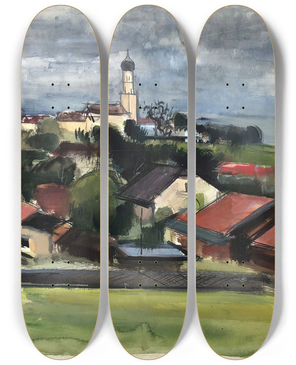 Triptych art skateboard deck of Otto Geigenberger Schondorf Am Ammersee by Otto Geigenberger (1881-1946)