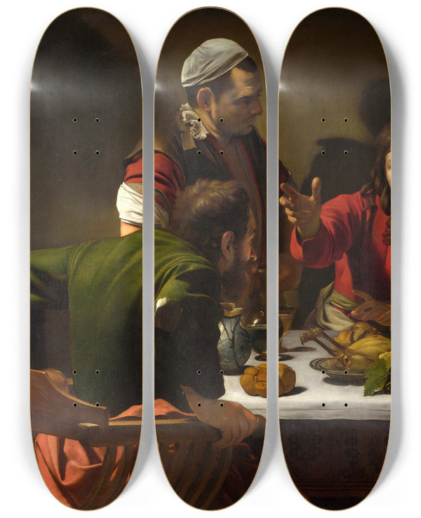 Triptych art skateboard deck of Caravaggio Supper At Emmaus by Caravaggio (1571-1610)