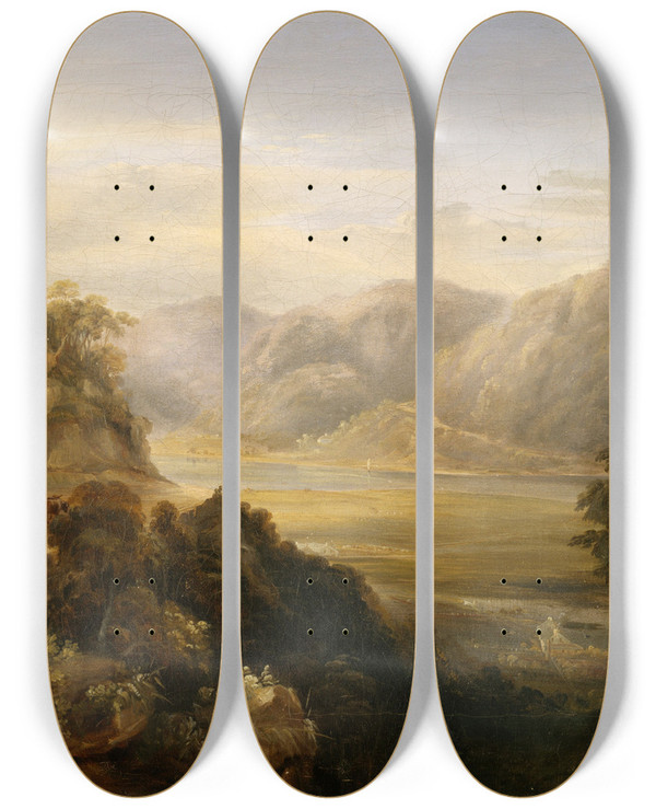 Triptych art skateboard deck of Conrad Martens Wisemans Ferry In 1838 by Conrad Martens (1801-1878)