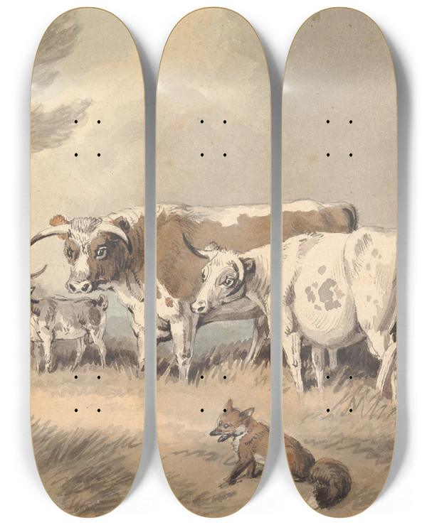 Triptych art skateboard deck of Samuel Howitt A Frog Confronting A Circle Of Animals by Samuel Howitt (1756-1822)