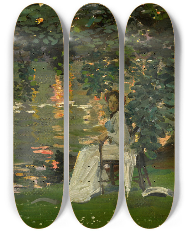 Triptych art skateboard deck of Sir John Lavery Under The Trees Ranelagh by Sir John Lavery (1856-1941)