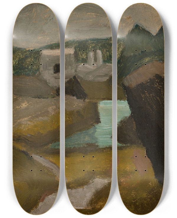 Triptych art skateboard deck of Tadeusz Makowski Rocky Landscape With Water by Tadeusz Makowski (1882-1932)