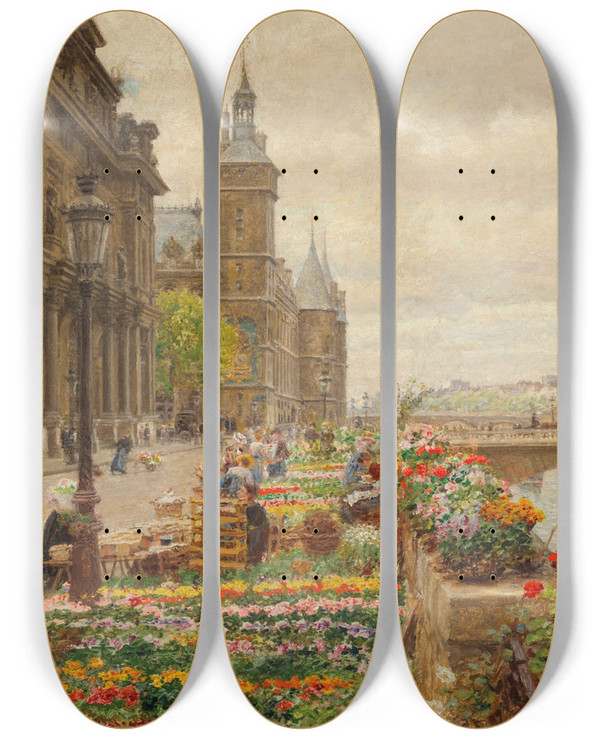 Triptych art skateboard deck of Mariefranois Firmingirard Le Quai Aux Fleurs Et La Tour De Lhorlage by Marie-Franois Firmin-Girard (1838-1921)