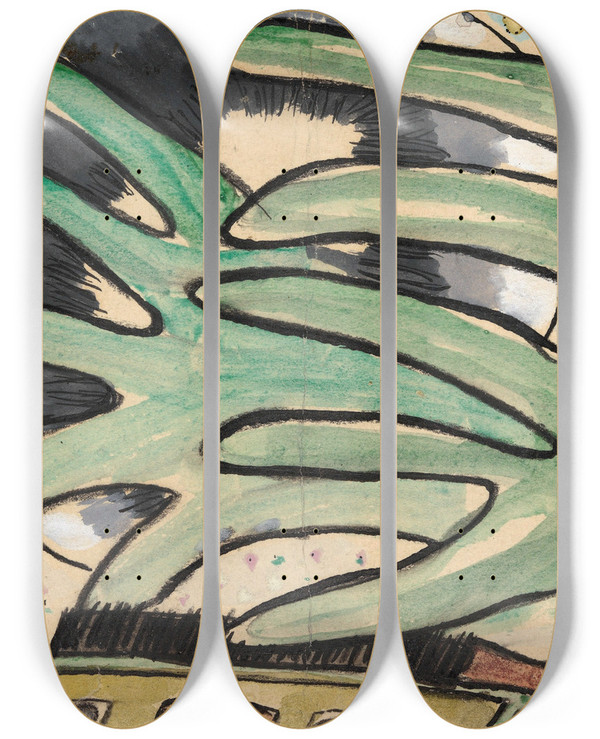 Triptych art skateboard deck of Arthur Dove Silver Ball Barge And Trees by Arthur Dove (1880-1946)