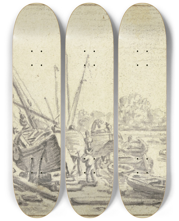 Triptych art skateboard deck of Herman Saftleven Iii Shipyard_2 by Herman Saftleven Iii (1609-1685)