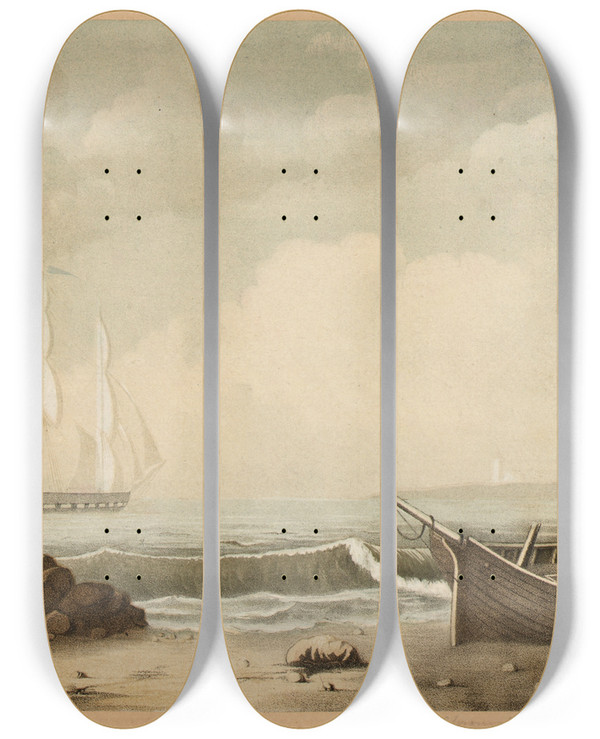 Triptych art skateboard deck of William Sharp Fitz Henry Lane Marine View by William Sharp (1749-1824)