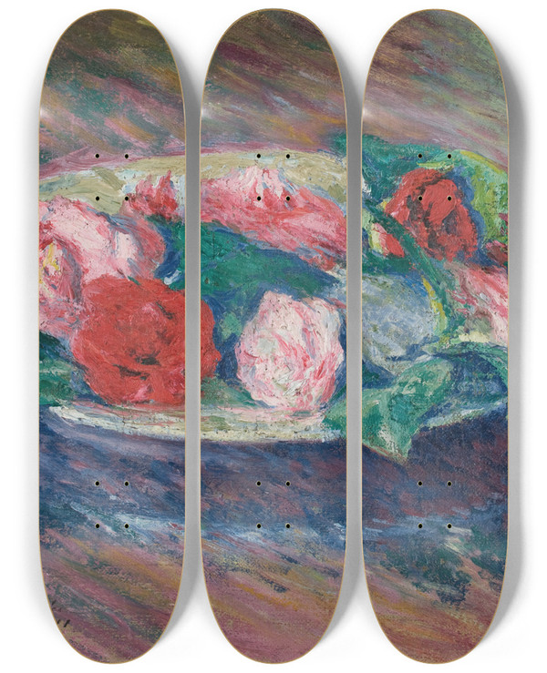 Triptych art skateboard deck of Jzef Pankiewicz Camellias In A Bowl by Jozef Pankiewicz (1866-1940)