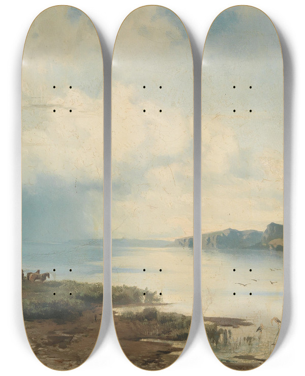Triptych art skateboard deck of August Schaeffer Von Wienwald Pferde An Der Kste by August Schaeffer Von Wienwald (1833-1916)