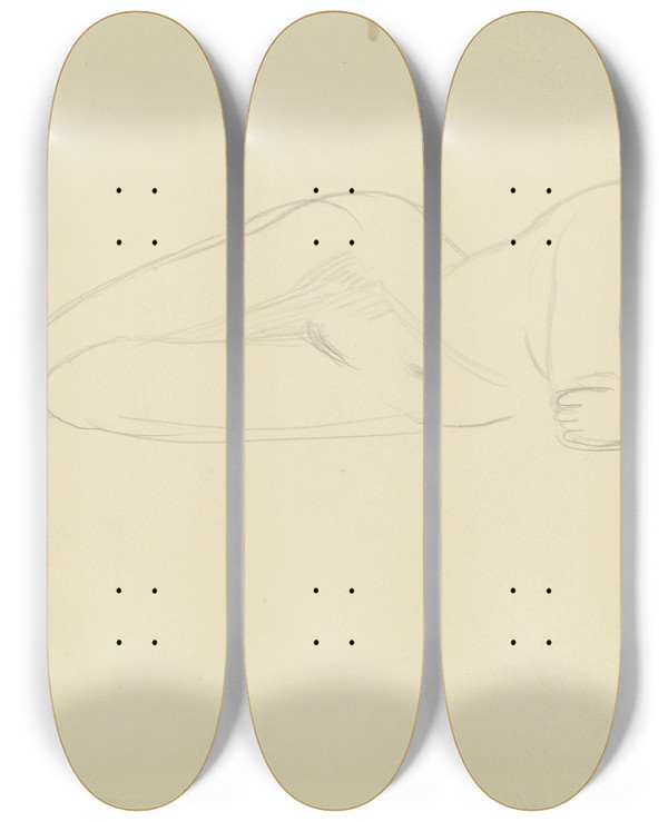 Triptych art skateboard deck of Richard Martin Werner Female Nude Reclining_2 by Richard Martin Werner (1903-1949)
