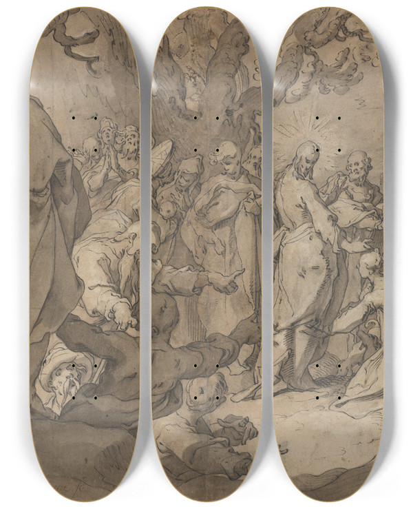 Triptych art skateboard deck of Abraham Bloemaert Christ And The Canaanite Women by Abraham Bloemaert (1564-1651)