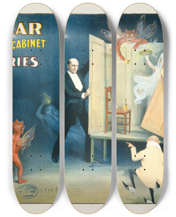 Triptych art skateboard deck of Strobridge Co Lith Kellar And His Perplexing Cabinet Mysteries by Strobridge Co Lith (1847)