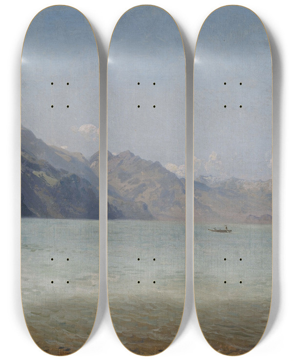 Triptych art skateboard deck of Ludwig Knaus Am Brienzer See by Ludwig Knaus (1829-1921)