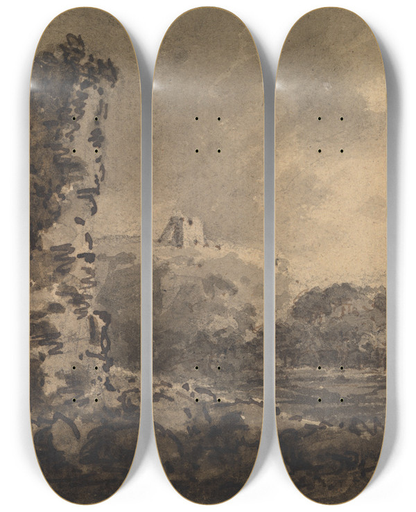 Triptych art skateboard deck of William Gilpin Classical Landscape With Ruin On Left Two Figures On Right by William Gilpin (1724-1804)