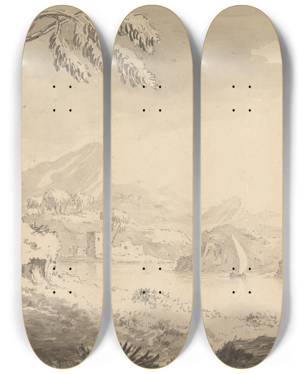 Triptych art skateboard deck of William Gilpin Landscape With Castle On Riverbank by William Gilpin (1724-1804)