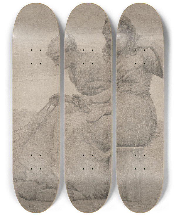 Triptych art skateboard deck of Winslow Homer Mending The Tears by Winslow Homer (1836-1910)