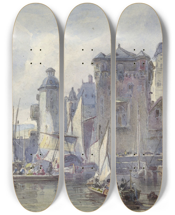 Triptych art skateboard deck of Johannes Bosboom Gezicht Te Koblenz by Johannes Bosboom (1817-1891)