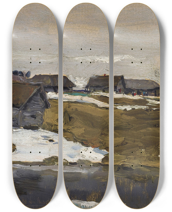 Triptych art skateboard deck of Valentin Alexandrovich Serov Village By The Water In Winter by Valentin Alexandrovich Serov (1865-1911)
