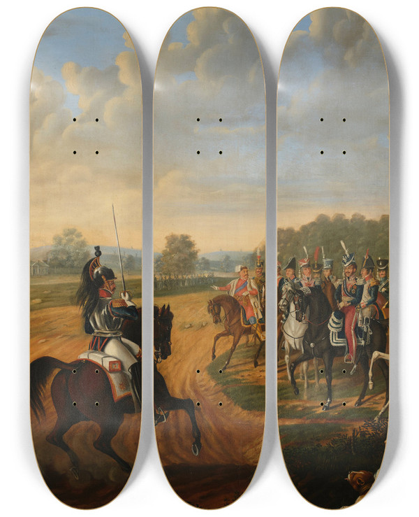 Triptych art skateboard deck of Micha Chylewski Inspection Of The 14Th Regiment Of Cuirassiers Of The Duchy Of Warsaw by Michal Chylewski (1787-1848)