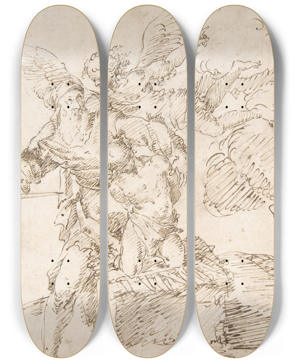 Triptych art skateboard deck of Francesco Fracanzano Abraham About To Sacrifice Isaac by Francesco Fracanzano (1612-1656)