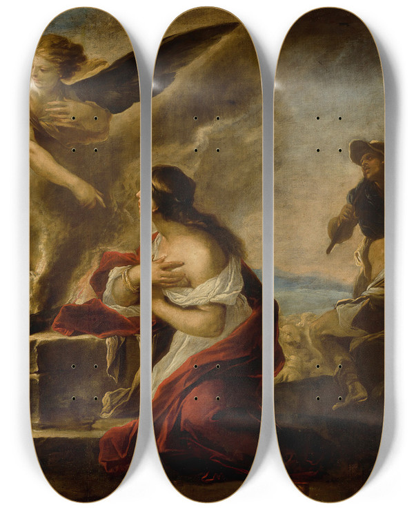 Triptych art skateboard deck of Luca Giordano The Sacrifice Of Manoah by Luca Giordano (1634-1705)