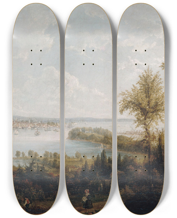 Triptych art skateboard deck of Robert Havell Jr View Of The Bay And City Of New York From Weehawken by Robert Havell Jr (1793-1878)