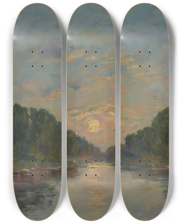 Triptych art skateboard deck of Eugne Boudin Saintvalrysursomme Effet De Lune Sur Le Canal by Eugene Boudin (1824-1898)