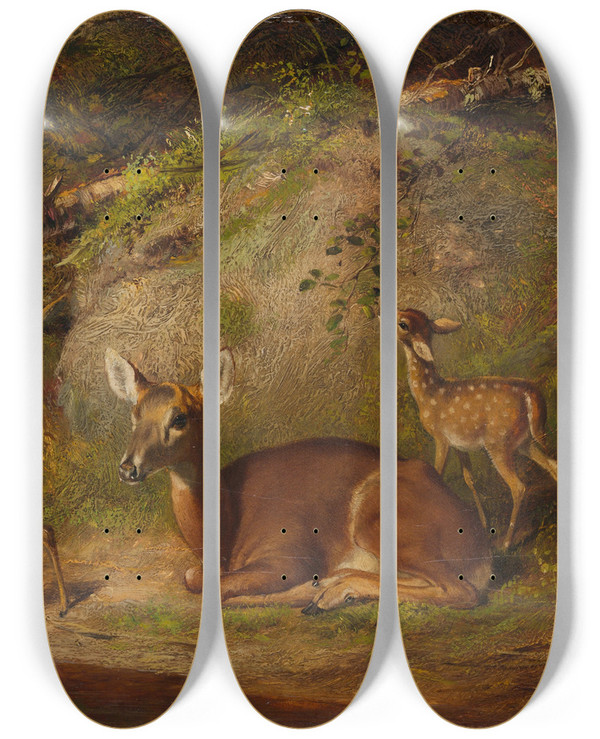 Triptych art skateboard deck of Arthur Fitzwilliam Tait Doe And Two Fawns by Arthur Fitzwilliam Tait (1819-1905)