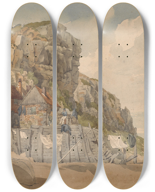 Triptych art skateboard deck of Joseph Powell Fishermans Quarters Robin Hoods Bay by Joseph Powell (1780-1834)