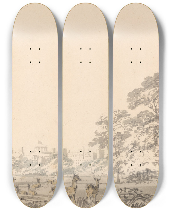 Triptych art skateboard deck of Joseph Mallord William Turner Windsor Castle And Park With Deer by Joseph Mallord William Turner (1775-1851)