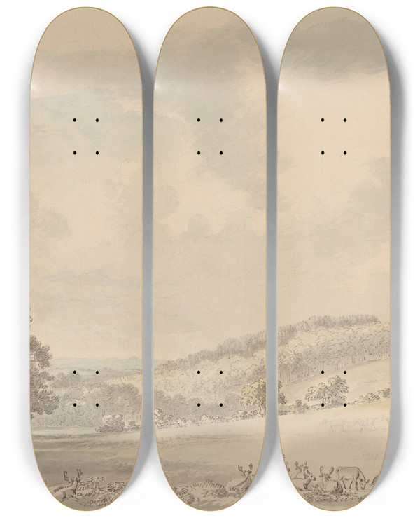 Triptych art skateboard deck of Anthony Devis Deer Resting In Albury Park by Anthony Devis (1729-1816)