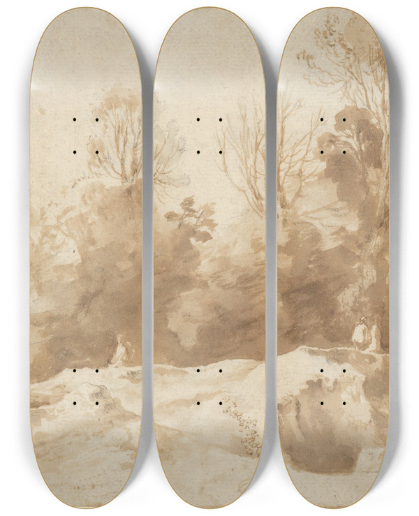 Triptych art skateboard deck of Herman Van Swanevelt Landscape With Trees And Figures by Herman Van Swanevelt (1600-1655)