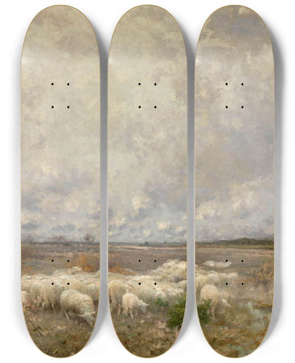 Triptych art skateboard deck of Florent Crabeels Winter In The Kempen by Florent Crabeels (1829-1896)